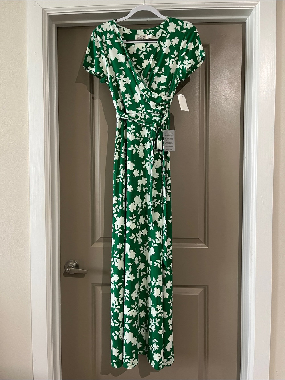 NWT Eliza J Green and White Floral Faux Wrap Maxi Dress
